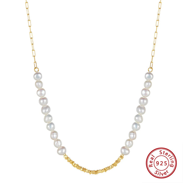 14K Gold 925 Sterling Silver Nugget Chain Necklace with Exquisite Natural Pearl for Women