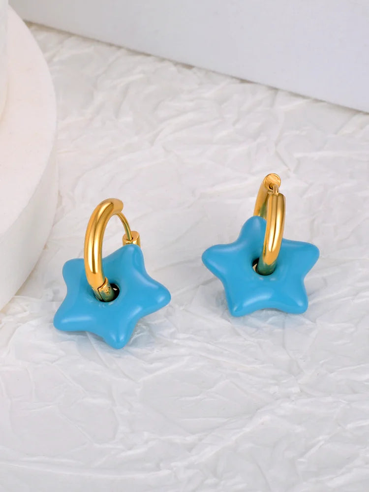 18K Gold Plated Fashion Painted Glaze Blue Red Star Hoop Earrings For Women