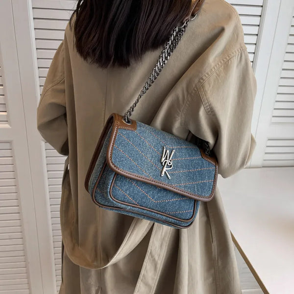 Women's Fashion Retro Shoulder Messenger Bags Denim Canvas Chain Handbag Underarm Bag