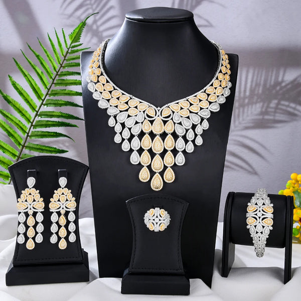 Luxury Big Waterdrop Necklace Earrings For Women Shiny Cubic Zircon Bridal  Jewelry Sets