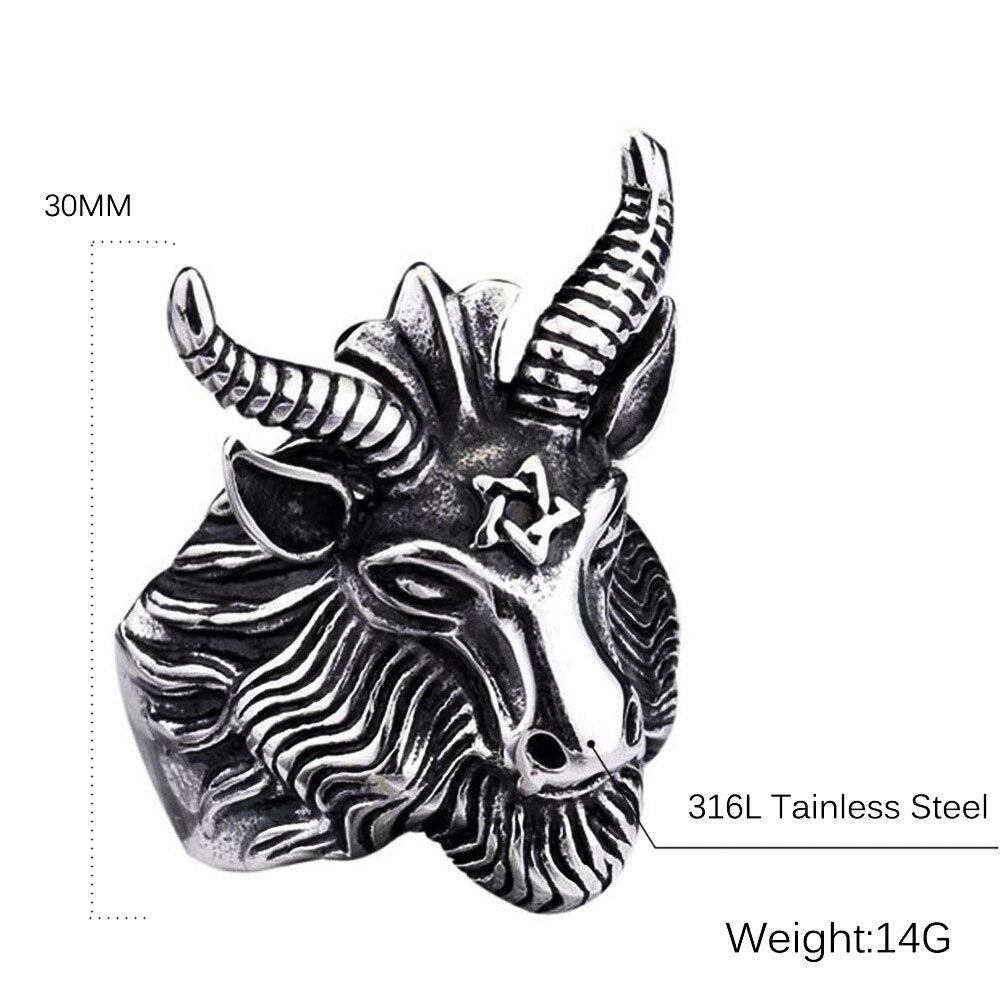 Gothic Men Satan Ring Stainless Steel Punk Biker Satan Six Pointed Star Animal Goat Head Ring