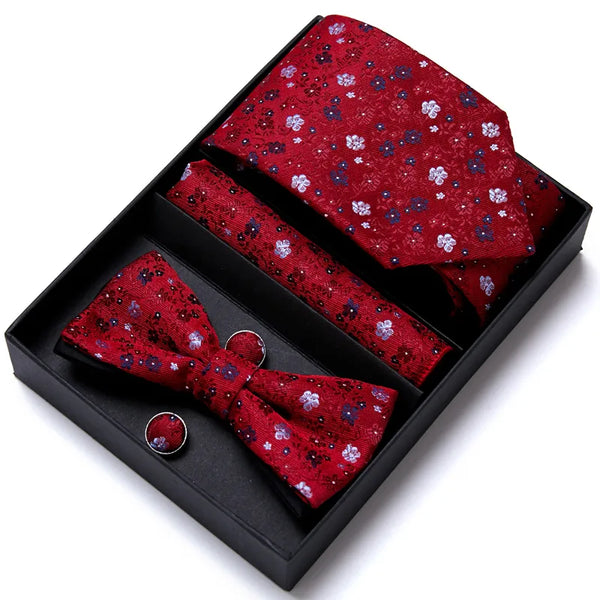 Woven High Quality 7.5 cm Gift Box Bow Tie Hanky Pocket Squares Cufflink Set