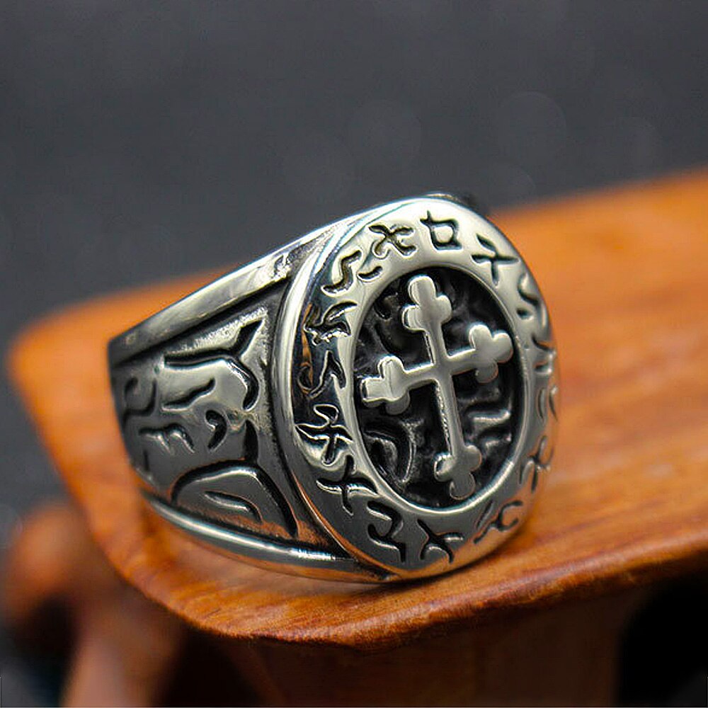 Classic Lorraine Cross Ring For Men Retro Orthodox 316L Stainless Steel Cross Signet Rune Ring