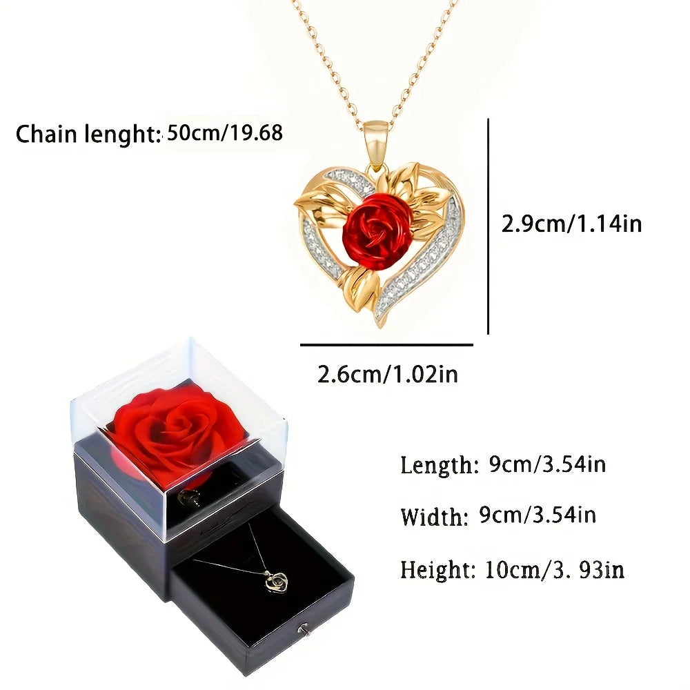 Rose Heart Pendant Necklace With Preserved Flower Rose Gift Box For Women