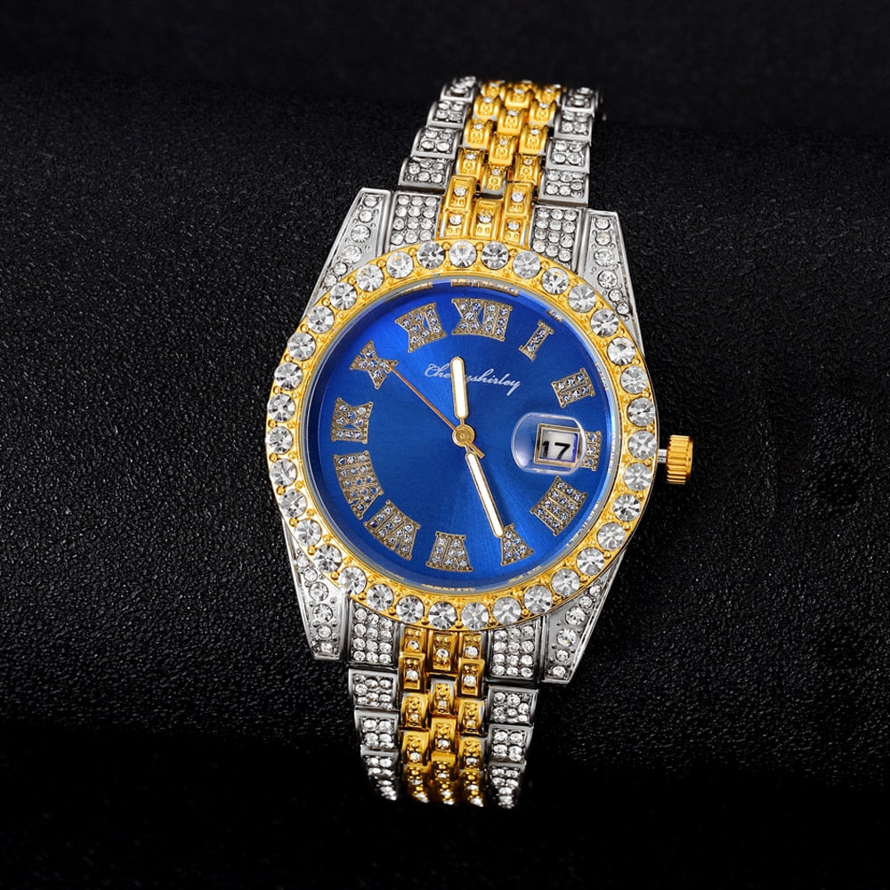 Iced Out Diamond Watch Quartz Gold Silver Color Micro  Stainless Steel Watch