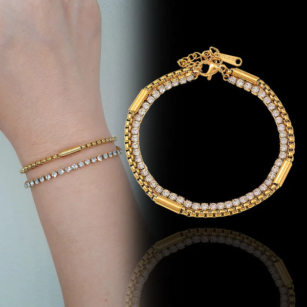 Stainless Steel 2 Layers Crystal Bracelets Gold Color Hand Chain Women