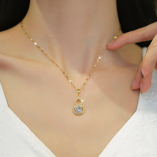 Gold Color Shine Zirconia Gourd Shaped Pendant Necklace For Women