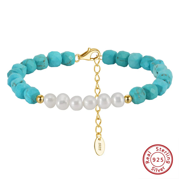 925 Silver 14K Gold Turquoise Stone Beads Bracelet With Round Pearl  Healing Bracelet