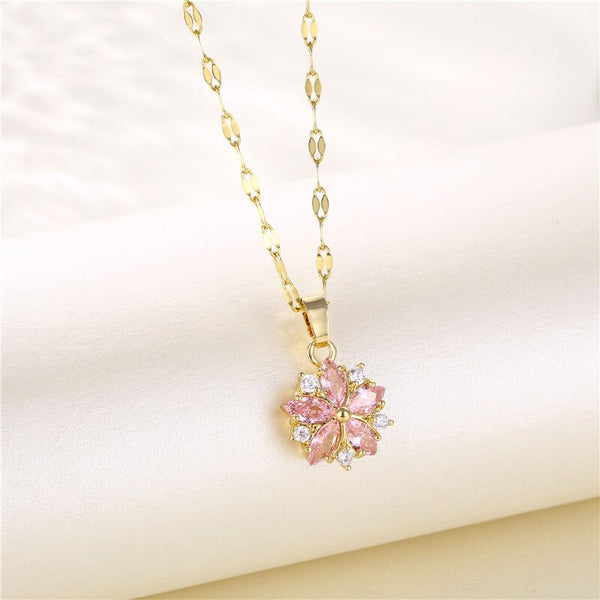 Gold Plated Light Luxury Romantic Pink Flower Pendant Necklace For Women