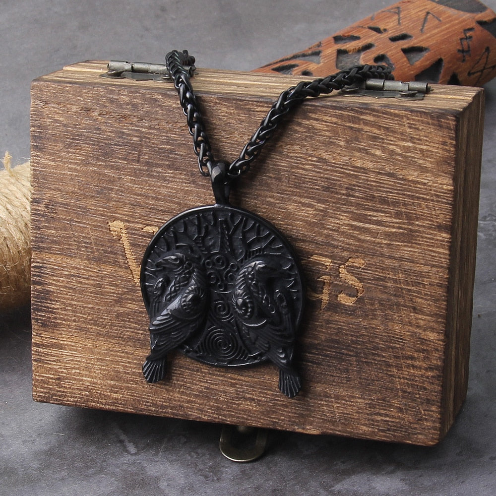 black Norse Odin Huginn And Muninn Raven Pendant Necklace