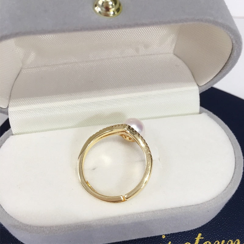 New Pearl Ring 14K Gold Plated  Freshwater Pearl AAA Zrcon Triangle Personality Ring