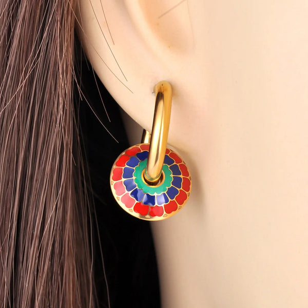 Vintage Stainless Steel Handmade Colorful Glazed Hoop Earrings For Women