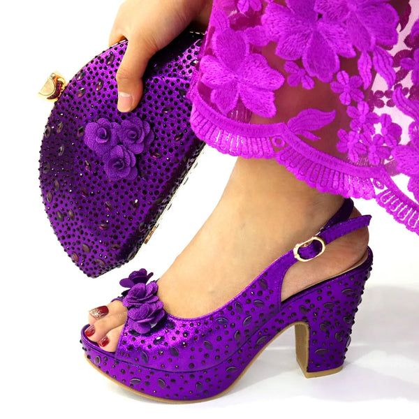 Christmas party shoes and Bags Matching Set Nigerian  Party Pumps High Heels Rhinestone Women