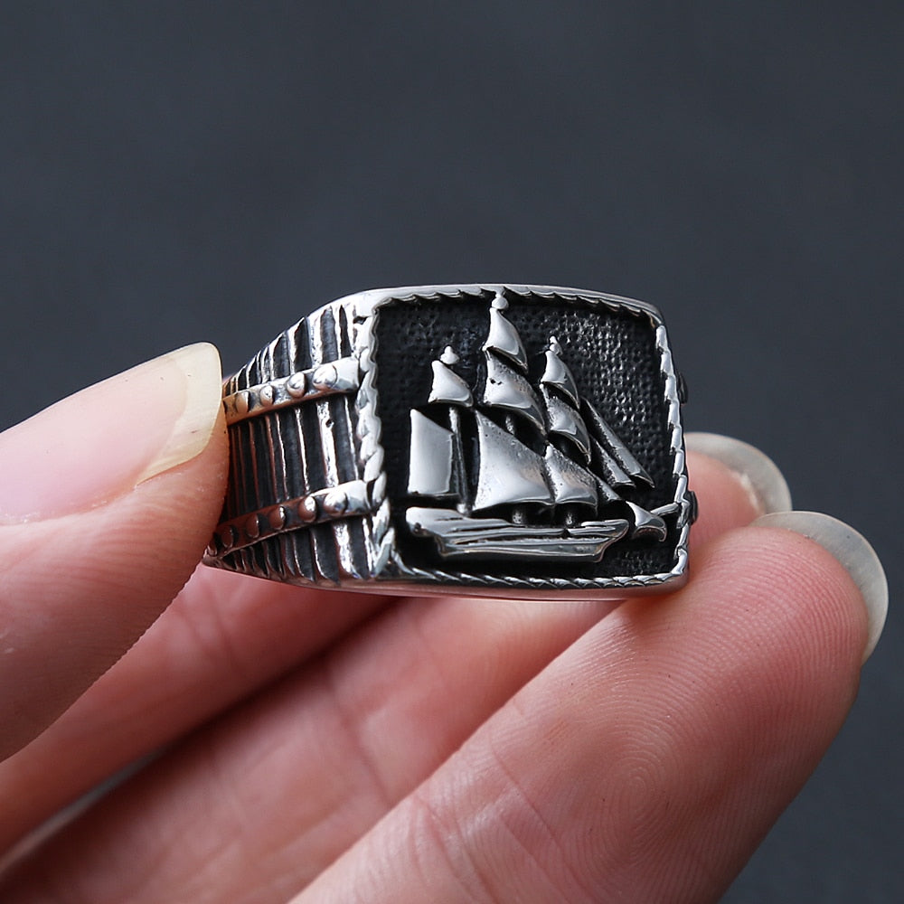 Vintage Viking Pirate Sailboat Ring Men Biker Ring Stainless Steel Viking Ring