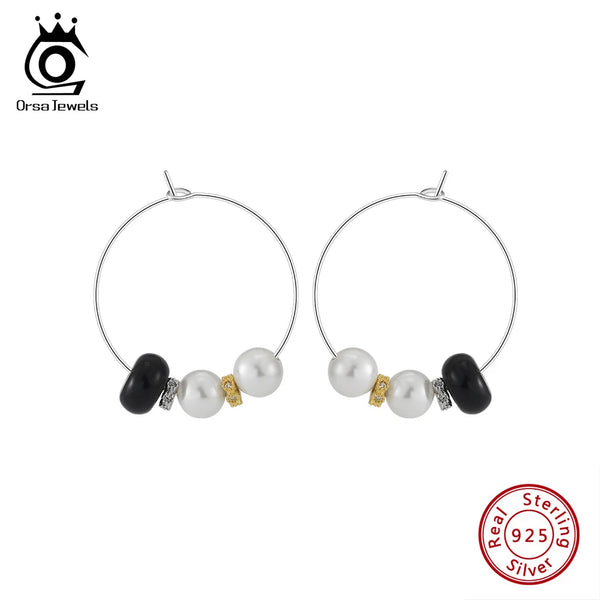 925 Silver Black Agate Hoop Earrings With Shell Pearl Simple Hoop Earring