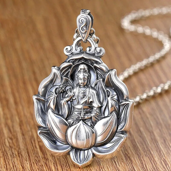 Silver Color Guanyin Bodhisattva Pendant Necklace Maitreya Buddha Lotus Buddha Statue Pendant