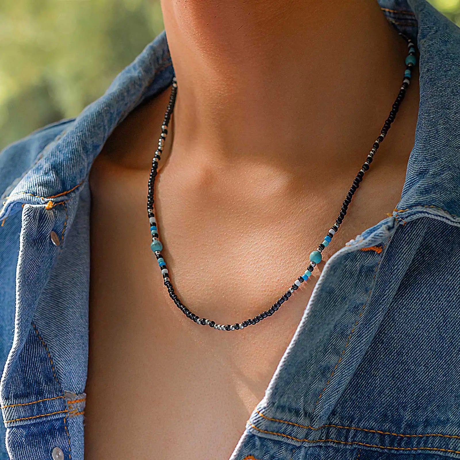 Synthetic Turquoise Necklaces for Men Boys,Mini Back Bead Necklace