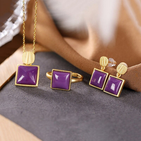 gold craft inlaid enamel porcelain drop glue purple square exquisite earrings ring