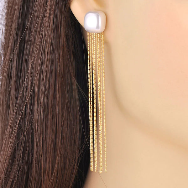 Fashion White Pearl Stainless Steel Long Tassel Drop Dangle Earrings for Women