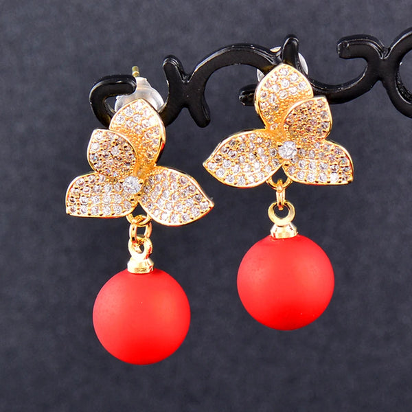 Charm Solid Crystal Flower Earrings For Women Red Ball Hanging Earrings