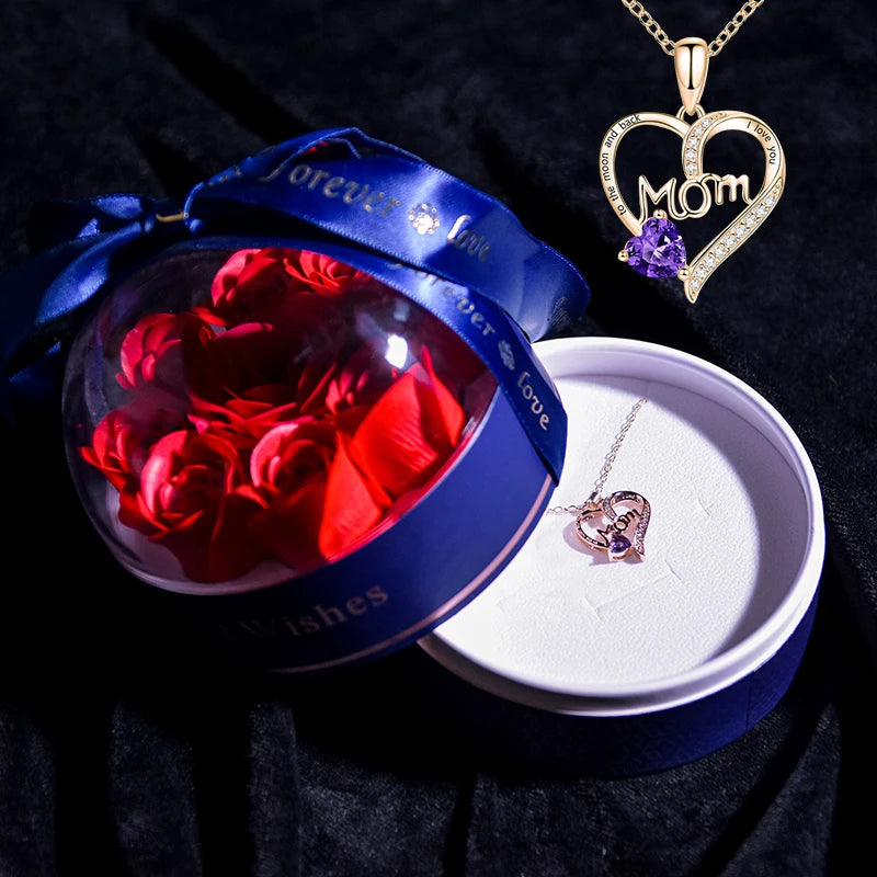 Crystal Heart Mom Pendant Necklace Jewelry In Soap Flower Storage Box Gift Set