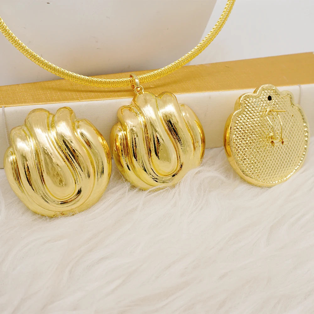 Trendy Dubai Gold Color Big Pendant Copper Necklace Earring Jewelry Sets