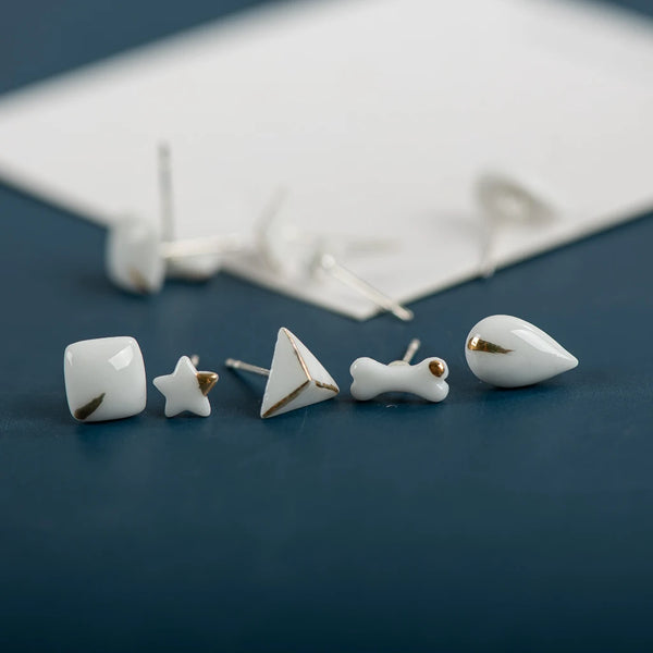 White Geometric Abstraction Fine Ceramic Stud Earrings