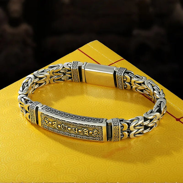 New Silver Men Bracelet On Hand Personality Six-character Mantra Peace Pattern