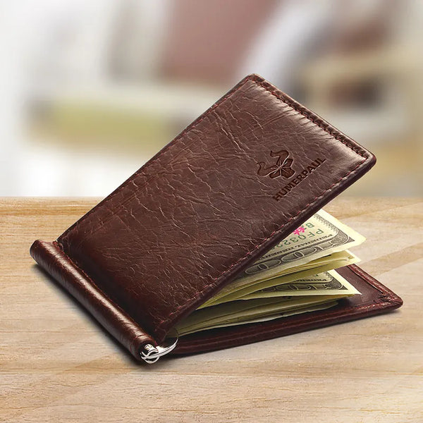 Ultra-thin Men's Money Clip Wallet Vintage Genuine Leather Bifold Card Holder