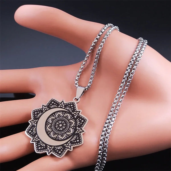 Witchcraft Mandala Pendant Necklace Women Stainless Steel Crescent Moon Flower of Life Necklaces