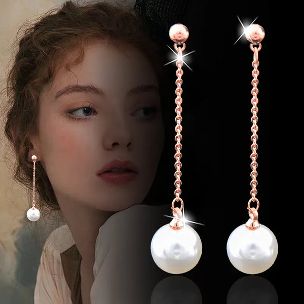 elegant 10mm round pearl long line earrings for women