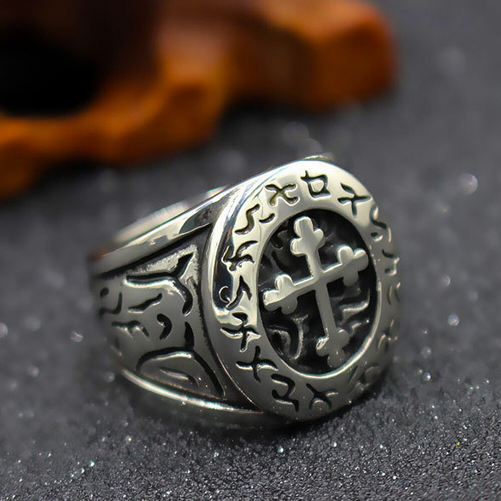 Classic Lorraine Cross Ring For Men Retro Orthodox 316L Stainless Steel Cross Signet Rune Ring