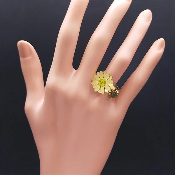 Fashion Flower Rings for Women Stainless Steel Crystal Gold Color Ring Mother's Day Gift