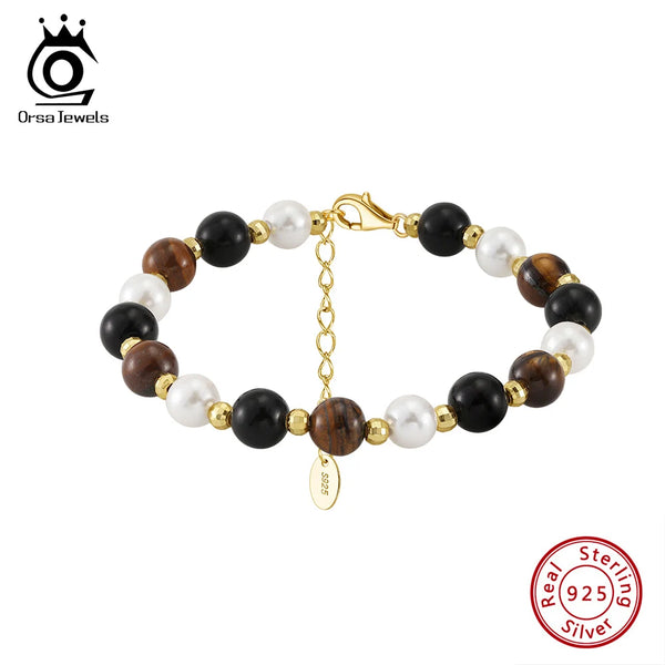 925 Silver Tiger's eye Chain Bracelet with Obsidian+Shell Pearl for Women