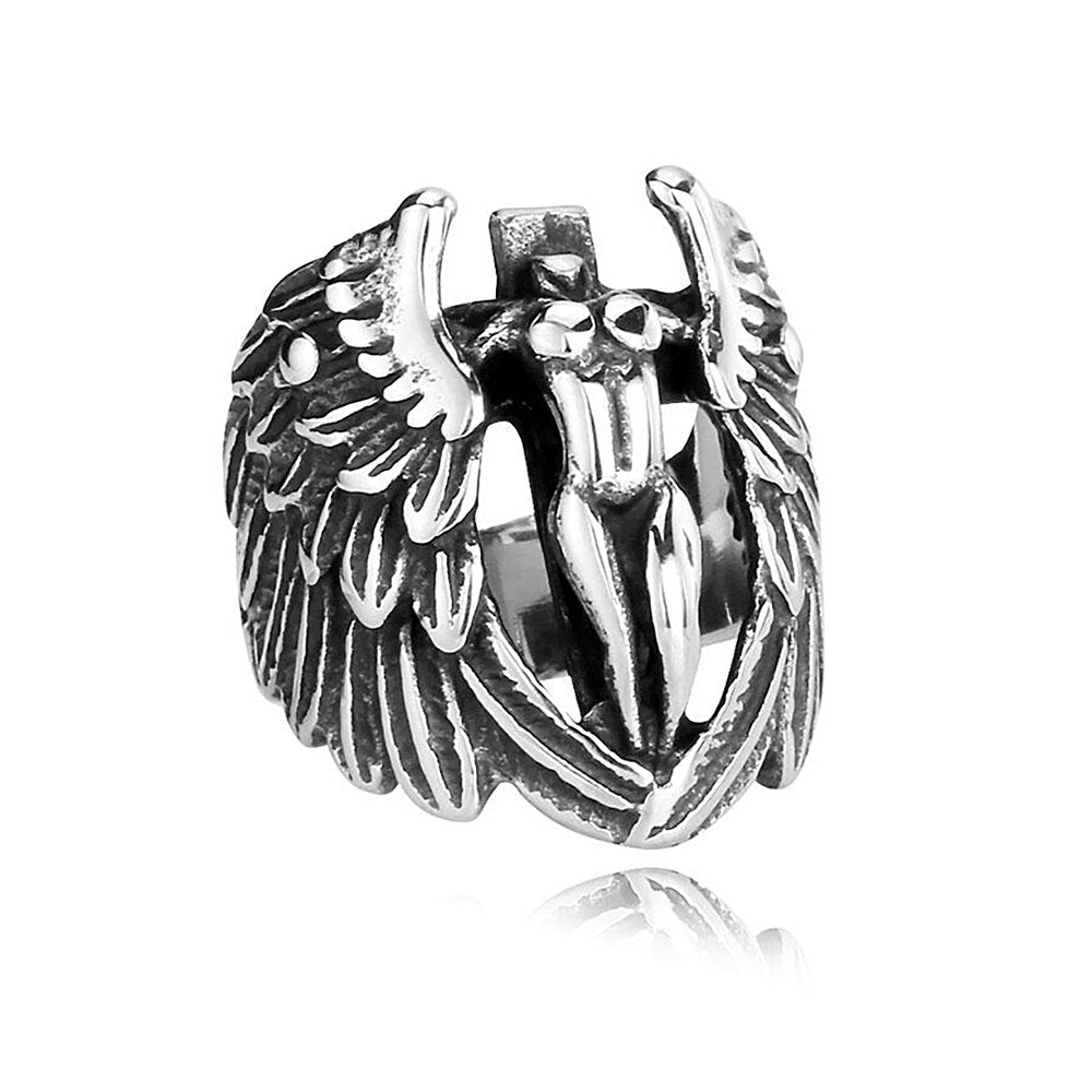 Punk Vintage Stainless Steel Angel Wings Ring For Men Women