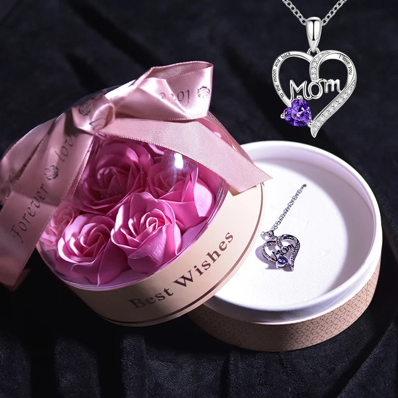 Crystal Heart Mom Pendant Necklace Jewelry In Soap Flower Storage Box Gift Set