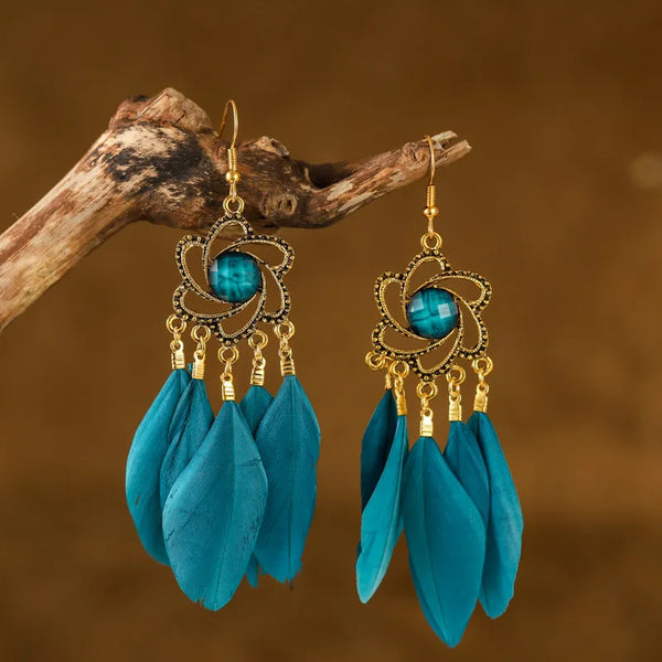 Peacock Blue Long Feather Earrings for Women Ethnic Fashion Beads Beach Chain Dangle Earrings