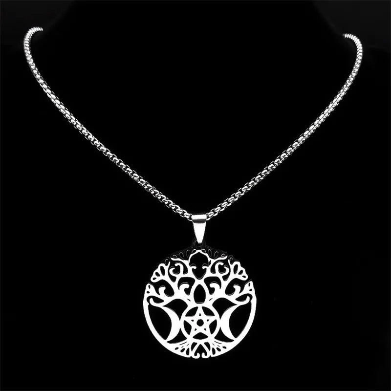 Stainless Steel Wicca Triple Moon Goddess Tree Of Life Necklace