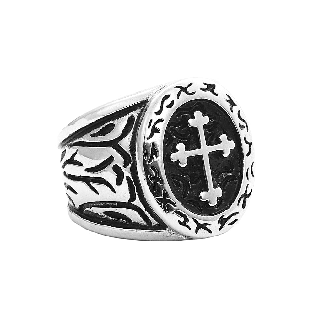 Classic Lorraine Cross Ring For Men Retro Orthodox 316L Stainless Steel Cross Signet Rune Ring