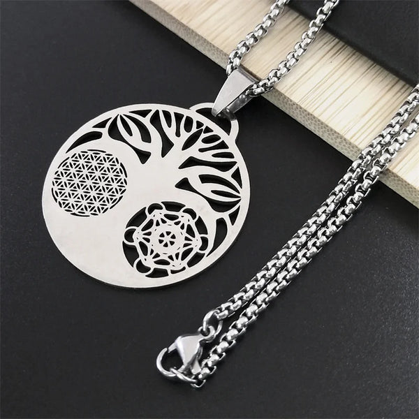 Yoga Flower of Life Buddhist Amulet Necklace Stainless Steel Spiritual Medal Tree  of Life Necklace