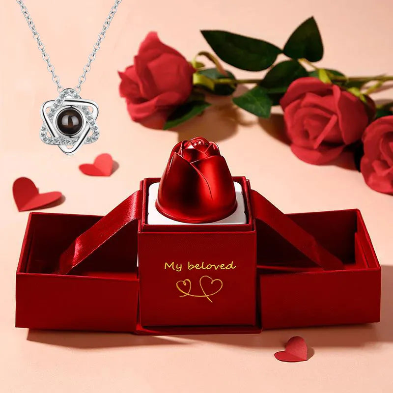 Hexagram Projection Necklace With Luxury Rose Gift Box 100 Languages I Love You Pendant