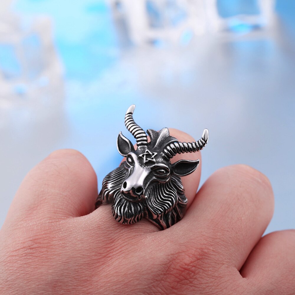 Gothic Men Satan Ring Stainless Steel Punk Biker Satan Six Pointed Star Animal Goat Head Ring