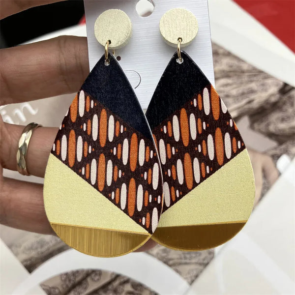 Ethnic Exaggerated Round Printed Colorful Wooden Earrings for Women