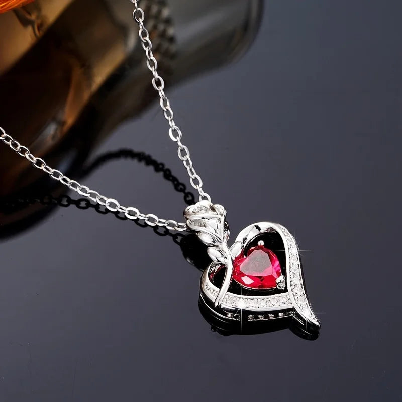 Luxury Red Zircon Heart Necklace With Rose Gift Box For Girlfriend Birthday Christmas Valentine Gifts