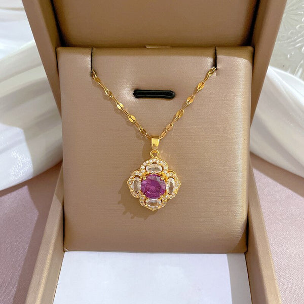 316L Stainless Steel Romantic Purple Flower Pendant Necklace For Women