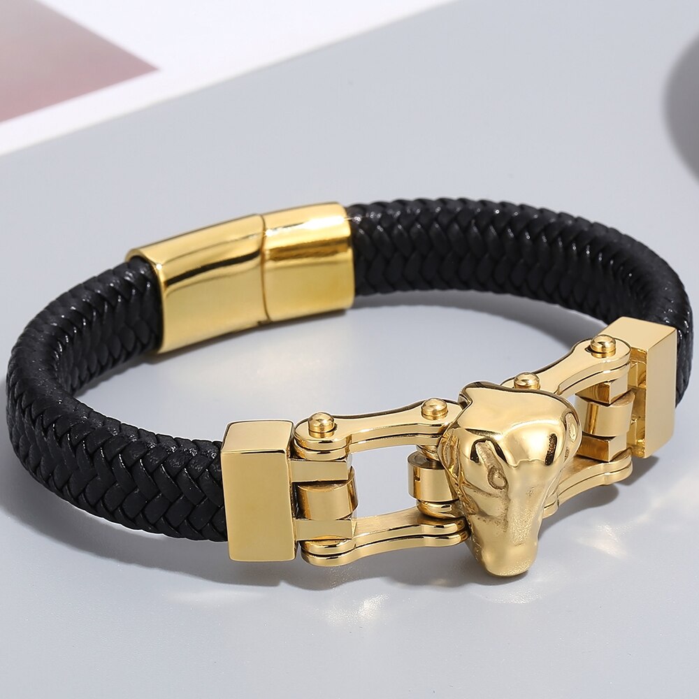 Gold Plated Stainless Steel Crocodile Head Men Leather Bracelets Bangles