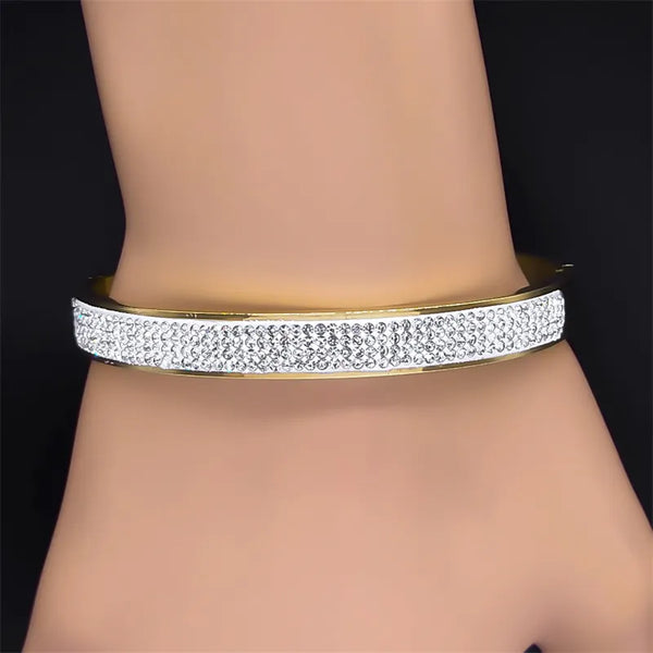 Elegant Crystal Cuff Bangle Bracelets for Women Stainless Steel Silver Color Opening Bangle