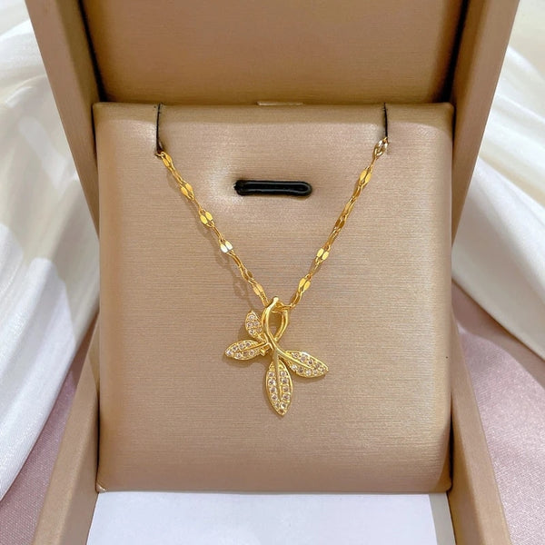 Gold Plated Full Zirconia Leaf Pendant Necklace For Women