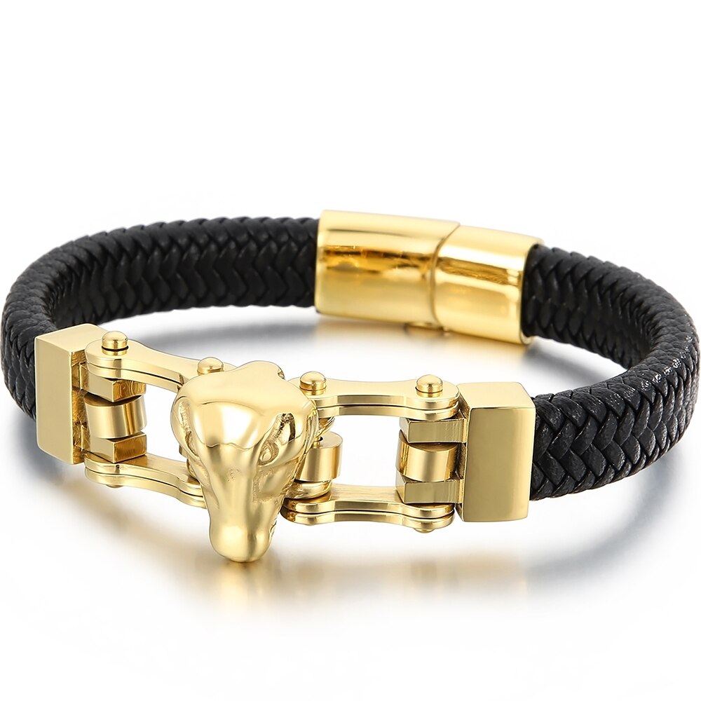 Gold Plated Stainless Steel Crocodile Head Men Leather Bracelets Bangles