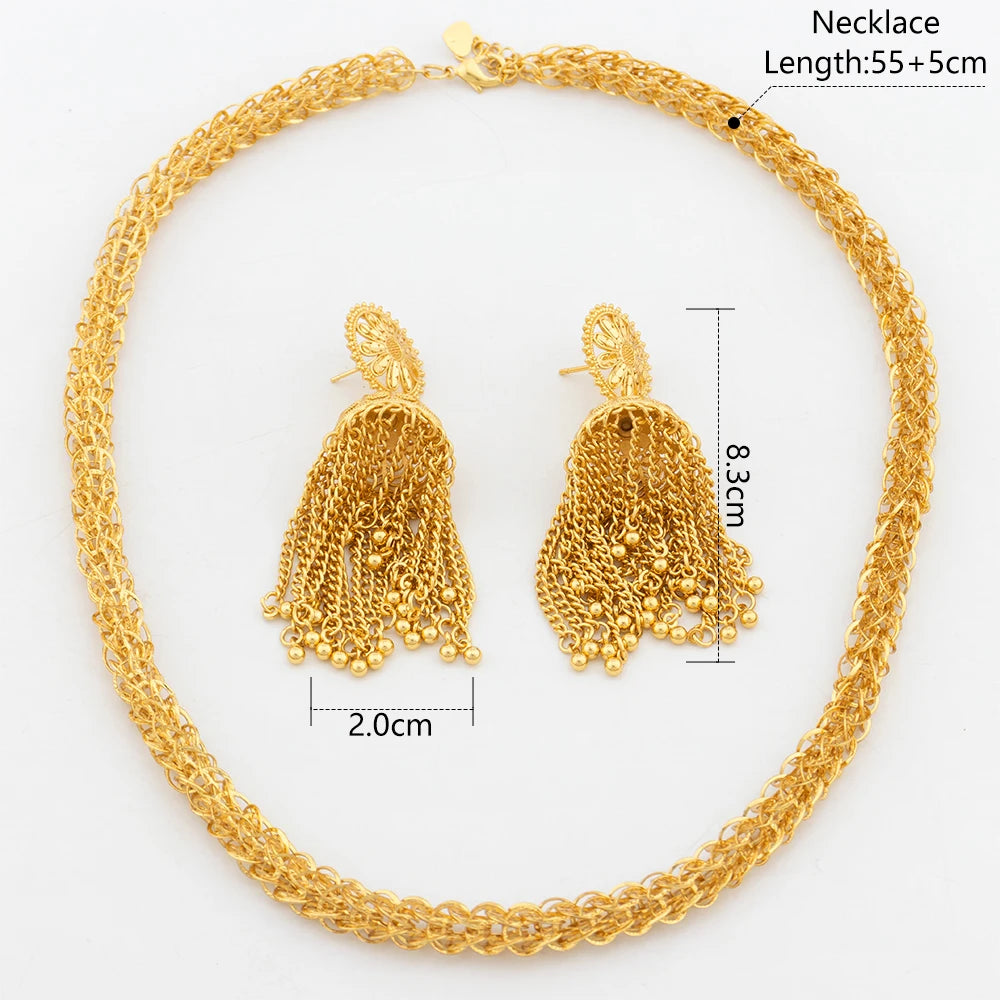 African Chain 60cm Dubai Gold Color Necklace Long Tassel Earrings Party Jewelry Set